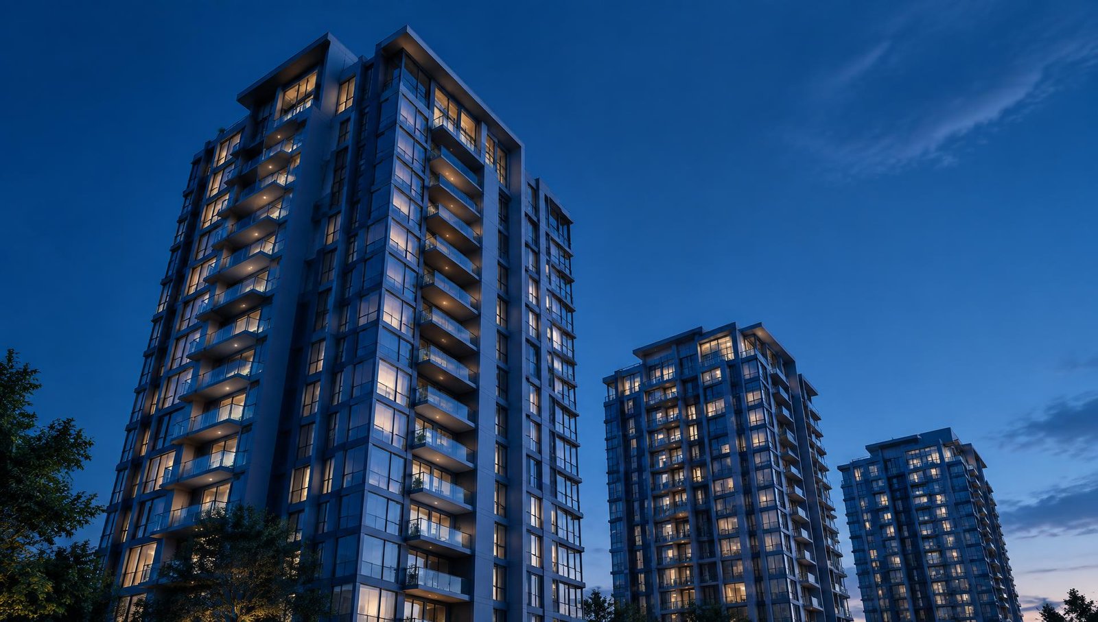 Torres residenciais de condomínio ao entardecer